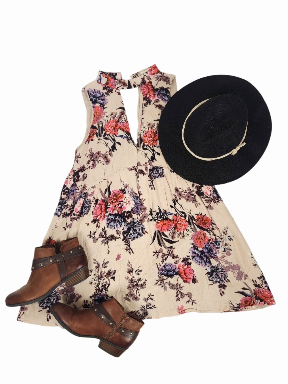 Altar'd State Cream Bohemian Floral Babydoll Mini Dress